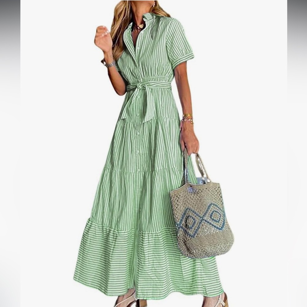 Green Flutter Sleeve Polo Collar Sundress